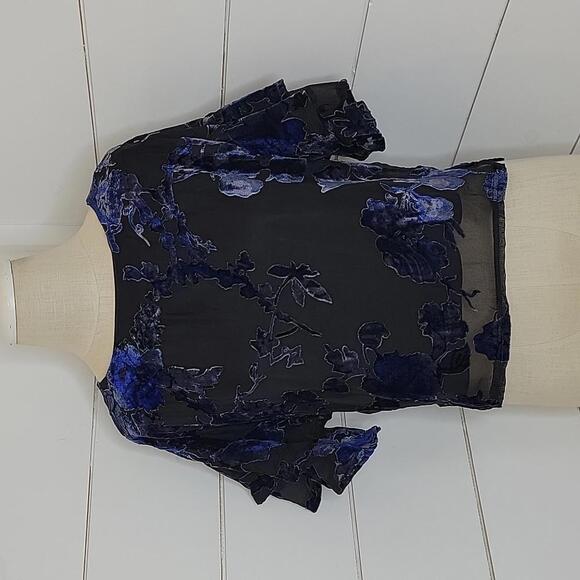 NWT Lily White black and blue velvet brocade pullover blouse - Picture 1 of 6